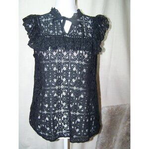 Who What Wear Top Black Lace Sheer M Ruffles
